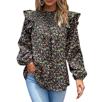 Дамска риза с флорална принтом във френски стил, пролетни свободни блузи с дълъг ръкав и кръгло деколте
