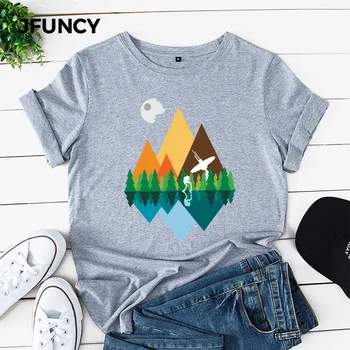 JFUNCY, Лятна Тениска От 100% памук, Женска Тениска С Принтом Планини, Женска Тениска С Къс Ръкав, Блузи, Дамски Свободна Тениска