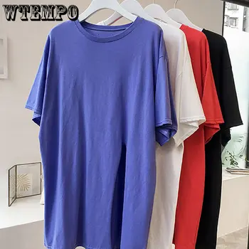 Лятна Тениска WTEMPO Harajuku, Свободни Ежедневни Дамски Блузи С Къс ръкав, Ризи С Цепка отстрани, Однотонная Базова Тениска