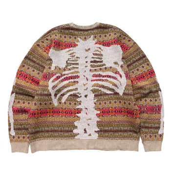 Kapital Реколта мъжки пуловери без Хираты Хироши, Япония, с принтом костите на скелета, свободен пуловер с цветни блокчета от плътна полушерстяной смес Kapital Vintage