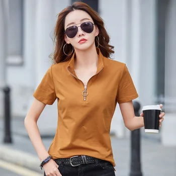 Корейската мода тениска с цип, дамски памучни тениски, летни блузи с къс ръкав, дамски дрехи, ежедневни тениска, Camisetas De Mujer