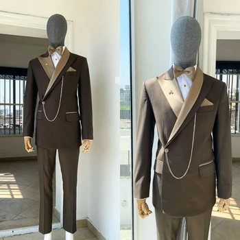 Модерен мъжки костюм, 2 броя, сако, панталон, сатен ревера с козирка, апликация на един бутон, сватбен костюм на младоженеца, изработена по поръчка, Homme