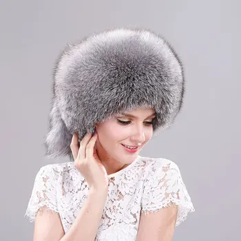 Зимна кожа женска шапка с опашка от естествена кожа лисица Луксозни шапка от кожа на миеща мечка Топла шапка-бомбер унисекс едро