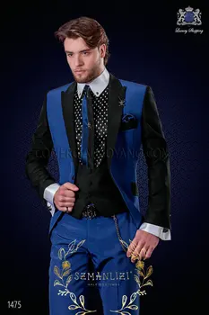 МЪЖКИ костюми SZMANLIZI Италиански контрастен стилен черен Царски син мъжки костюми Сватба младоженецът оборудвана вечеря смокинги за бала