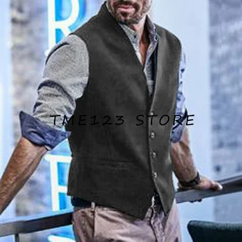 Мъжки сержевая ежедневни бизнес елегантна однобортная жилетка с V-образно деколте, официално облекло, мъжки якета в стил Ambo, жилетки в стил steampunk за мъже