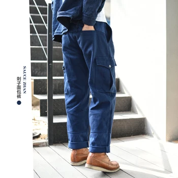 Saucezhan Sashiko Мъжки панталони памучни панталони с много джобове, панталони за един хлебар, дрехи за кендо, кърпа, плътност 420 г, есен и зима