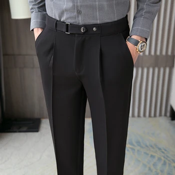 Мъжки луксозни всекидневни тесни панталони с висока талия, корейската мода, гъвкави тънки и дълги панталони, мъжка мода за пролетно облекло, офис панталони 36
