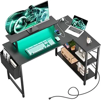 Компютърна маса под формата на плот с led лента и захранване, 47-инчов ъгъл маса с поставка за монитор, обратими рафтове за съхранение, модерен