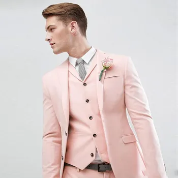 Розови Приталенные Сватбени Мъжки Костюми с назъбени ревери, Смокинги за Младоженеца-Комплект от 3 теми (Яке + Панталон + Елек), костюм за младоженеца, Блейзър за Кума