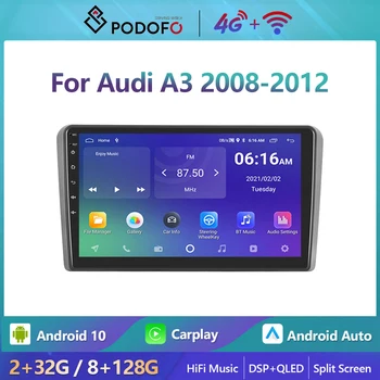 Podofo Android 10 DSP Авто Радио Мултимедиен Плейър GPS Навигация За Audi A3 2008-2012 2din 4G WIFI Carplay Главното Устройство