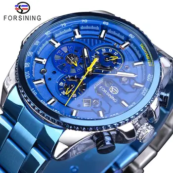 Forsining Мъжки автоматичен часовник със синя стоманена каишка, календар, часовник с 3 допълнителни циферблатами, механични водоустойчив мъжки часовник Relogio Masculino