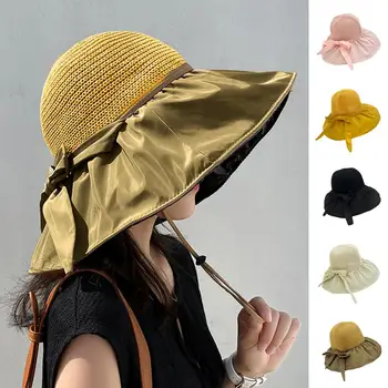 Солнцезащитная шапка с широка периферия и голям лък, сплетен ветрозащитный каишка, защита от слънцето, дишаща жена лятна анти-UV рибар
