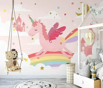 обичай Розов Еднорог Преливащи Междузвездни стенни тапети за Детска Стая Фон на Стената Papel De Parede Креативна Рисувани стенни аксесоари за Дома
