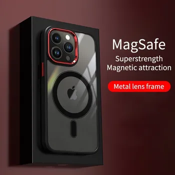 2023 Луксозен HD прозрачен калъф за телефон iPhone 14 13 12 11 Pro Max Funda Магнитна безжична зареждане устойчив на удари хибриден бронирана чанта за носене