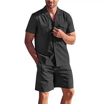 Комплект мъжки шорти от 2 теми, летни дрехи, риза с къс ръкав копчета и шорти в тон, градинска облекло, костюм за почивка