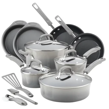 Комплект съдове за готвене от твърда емайл, алуминиеви съдове за готвене с незалепващо покритие Рейчъл Рей, 15 предмети, сива кухненска посуда