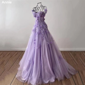 Дълга вечерна рокля от виолетов тюл Ани, просто рокля за абитуриентски бал с 3D цветен модел, елегантно многослойно рокля с дължина до глезена, Vestidos De Noche