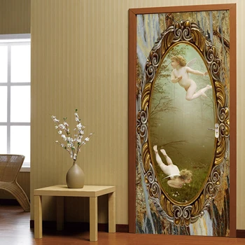 PVC самозалепващи водоустойчив стикер на вратата в европейски стил, фотообои с един ангел, стикера на вратата на хола, спалня, стикер за домашен декор