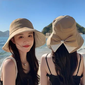 Дамски летни нова дизайнерска рибарска шапка с лък за пътуване на открито, плажни солнцезащитная шапка, модни солнцезащитная шапка с голяма периферия