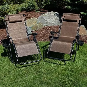 XL стол с нулева гравитацията 2 комплект с възглавница и подстаканником складное стол за почивка на тревата е тъмно-кафяв, комплект от 2