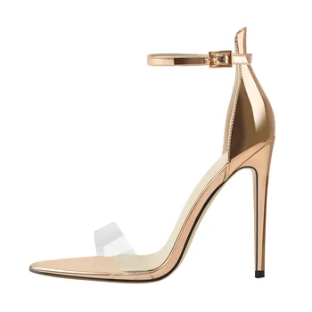 Richealnana/ 2021 Елегантни летни сандали цвят шампанско с остри пръсти обувки на висок ток-висок ток, сватбени обувки от PVC с катарама на щиколотке
