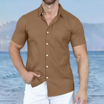Мъжка лятна риза с къс ръкав и ревера, против бръчки, без избледняване, мъжки облекла от полиестер