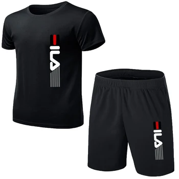 Мъжки моден случайни спортен костюм за фитнес тениска с къси ръкави, къси панталони, 2 комплекта