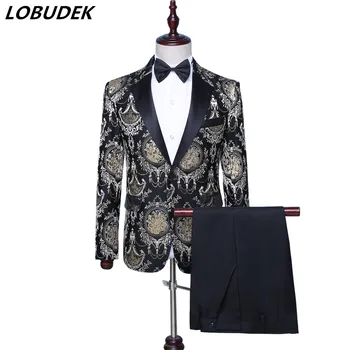 Модерен ретро официален смокинг, черен златна жаккардовый мъжки костюм с бродерия, стилни, сватбени костюми за младоженец, концертна костюм на певицата